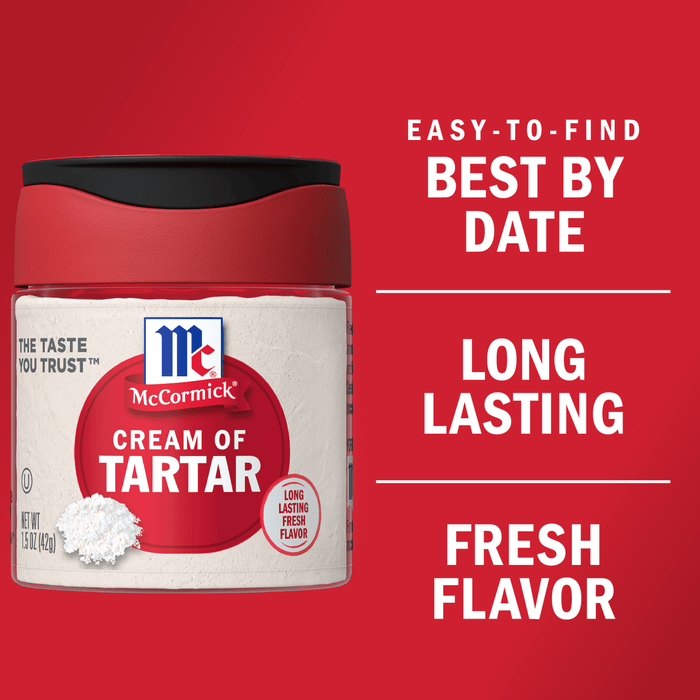 A container of McCormick Cream of Tartar with a red background and text that says Easy-to-find Best By Date, Long Lasting Fresh Flavor.