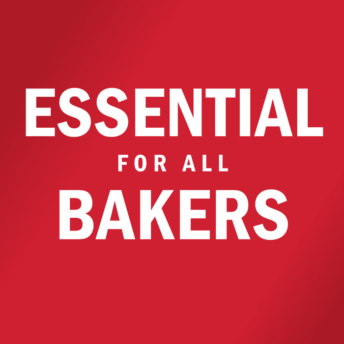 A white text on a red background that says ESSENTIAL FOR ALL BAKERS