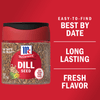 A jar of McCormick Dill Seed with a red background and text that says Easy-to-find Best By Date, Long Lasting Fresh Flavor.