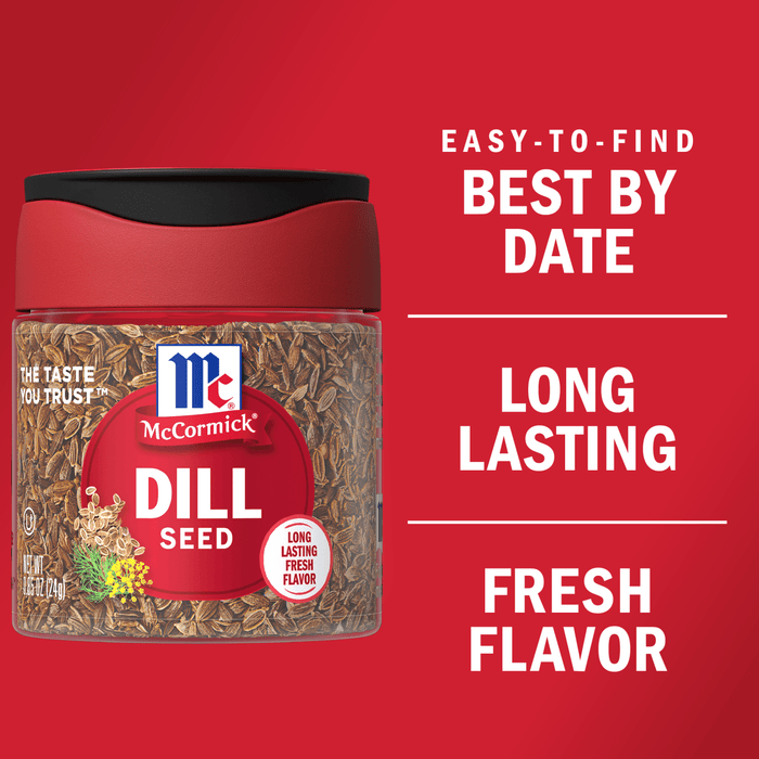 A jar of McCormick Dill Seed with a red background and text that says Easy-to-find Best By Date, Long Lasting Fresh Flavor.
