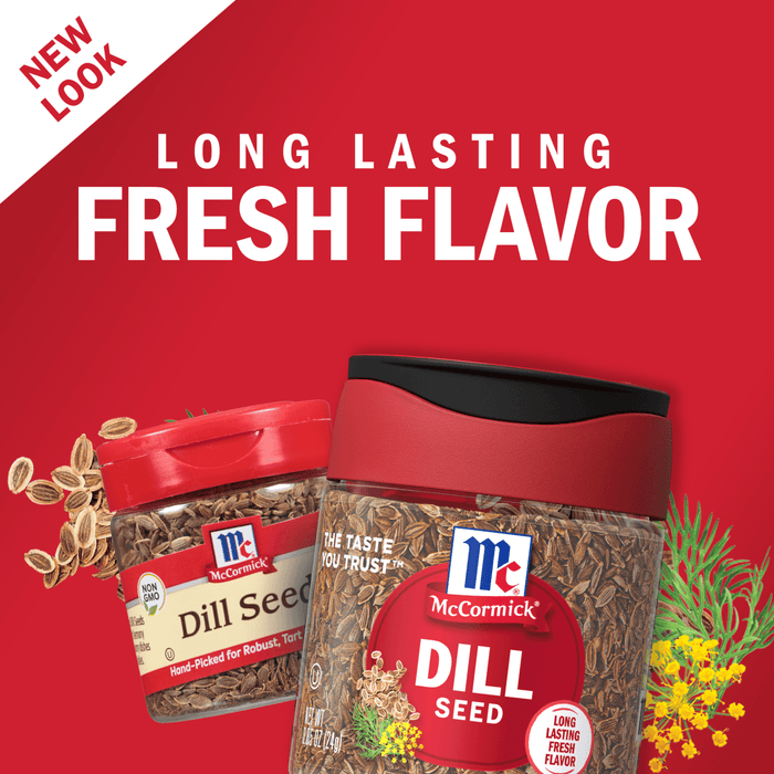 Two jars of McCormick Dill Seed, one with a red lid and one with a black lid, with dill sprigs and flowers in the background.