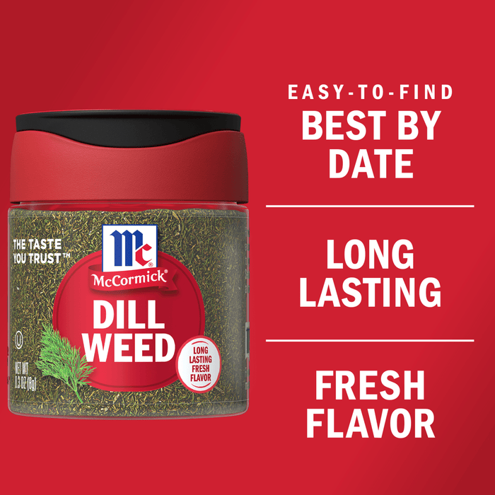 A jar of McCormick Dill Weed with a red lid and a white label.