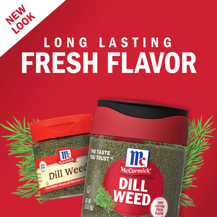 Two McCormick Dill Weed spice jars with a red background and green dill sprigs.