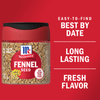 A container of McCormick Fennel Seed with a red background that says Easy-to-find Best By Date, Long Lasting Fresh Flavor.
