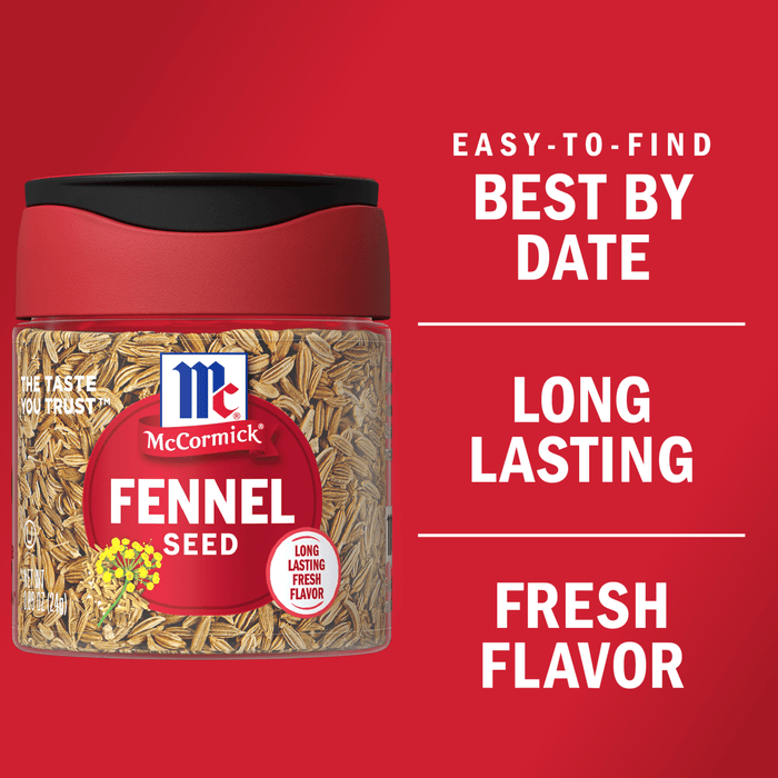 A container of McCormick Fennel Seed with a red background that says Easy-to-find Best By Date, Long Lasting Fresh Flavor.