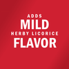 A red background with white text that reads Adds Mild Herby Licorice Flavor