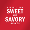 White text on a red background reads Perfect for sweet and savory dishes.