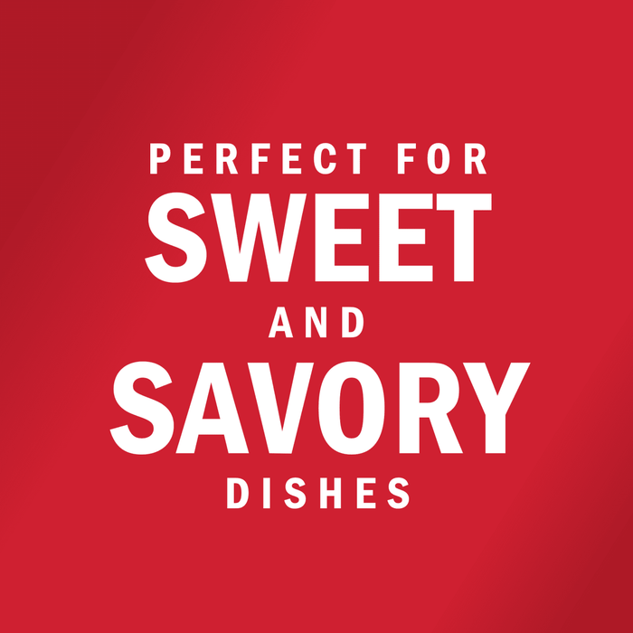 White text on a red background reads Perfect for sweet and savory dishes.