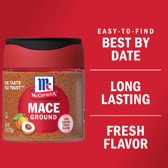 A jar of McCormick Mace Ground spice with a red background.