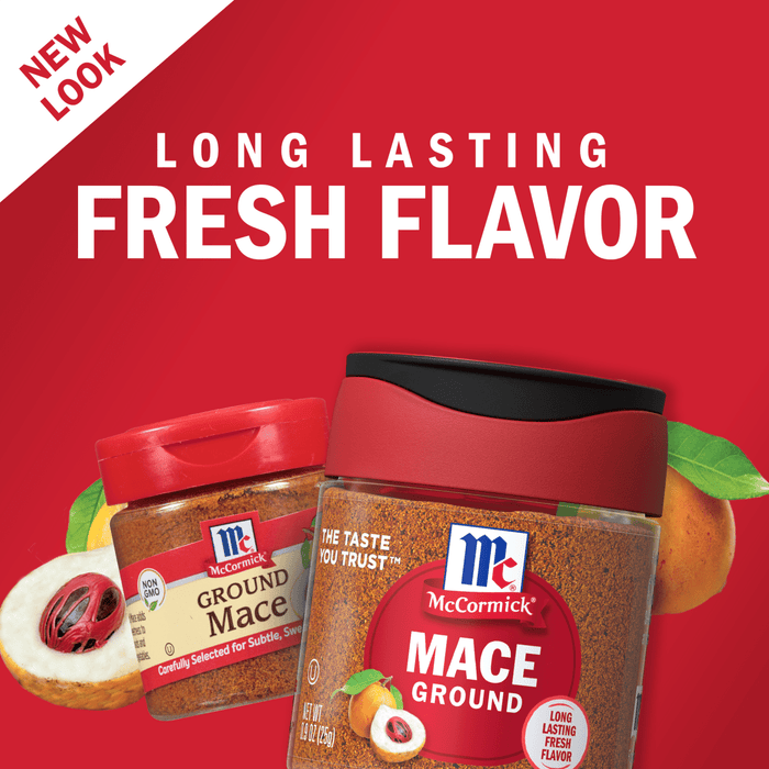 Two McCormick Ground Mace spice jars with nutmeg in the background.