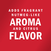 White text on a red background reads Adds fragrant nutmeg-like aroma and citrus flavor.