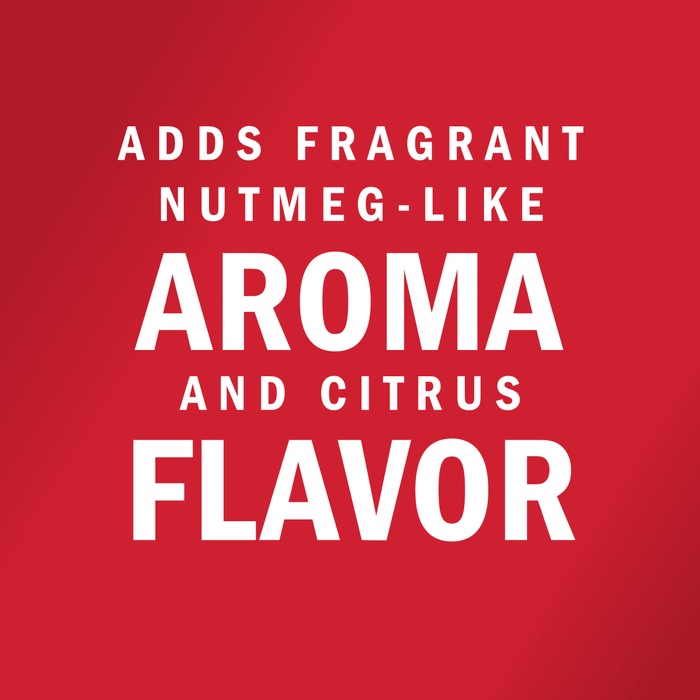 White text on a red background reads Adds fragrant nutmeg-like aroma and citrus flavor.