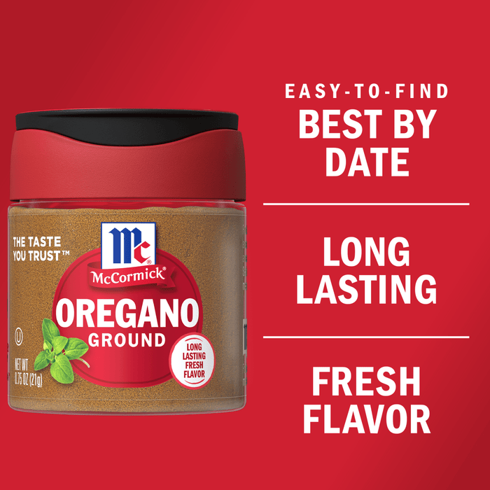 A container of McCormick Oregano Ground with a red lid and a white label with the McCormick logo and the words Long Lasting Fresh Flavor on it.