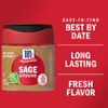 A jar of McCormick Sage Ground spice with a red background that says Easy-to-find Best By Date, Long Lasting Fresh Flavor.