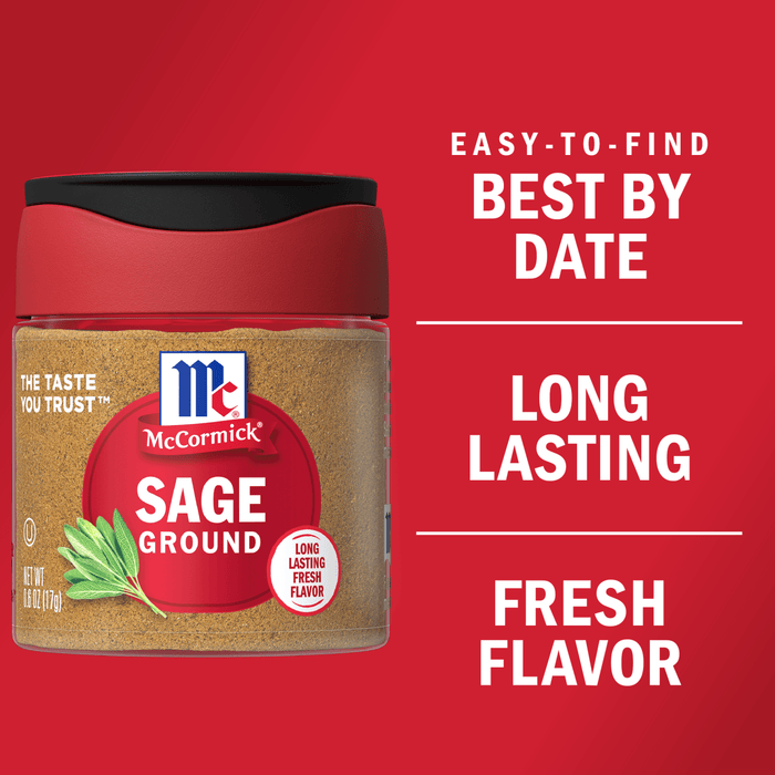 A jar of McCormick Sage Ground spice with a red background that says Easy-to-find Best By Date, Long Lasting Fresh Flavor.