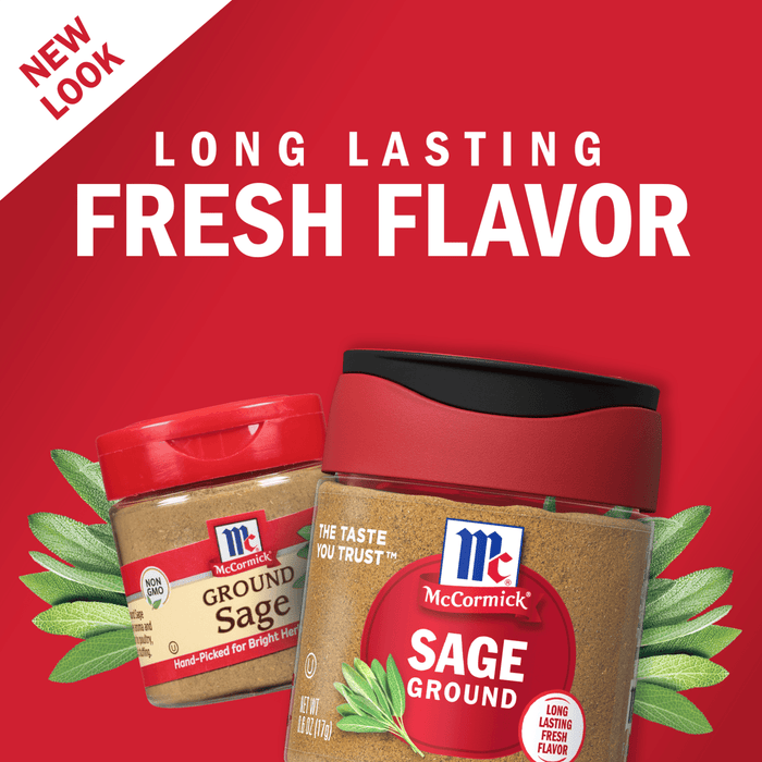 Two McCormick Ground Sage spice jars with sage leaves on a red background.