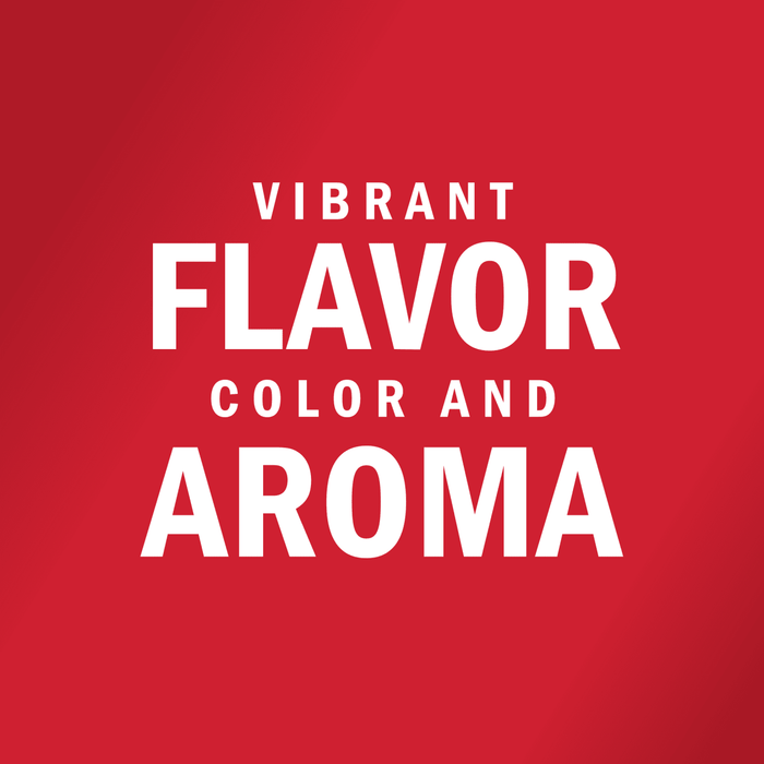 White text on a red background reads Vibrant Flavor Color and Aroma