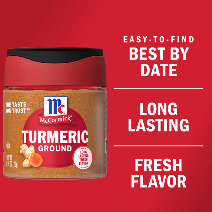 A container of McCormick Turmeric Ground spice with a red background.