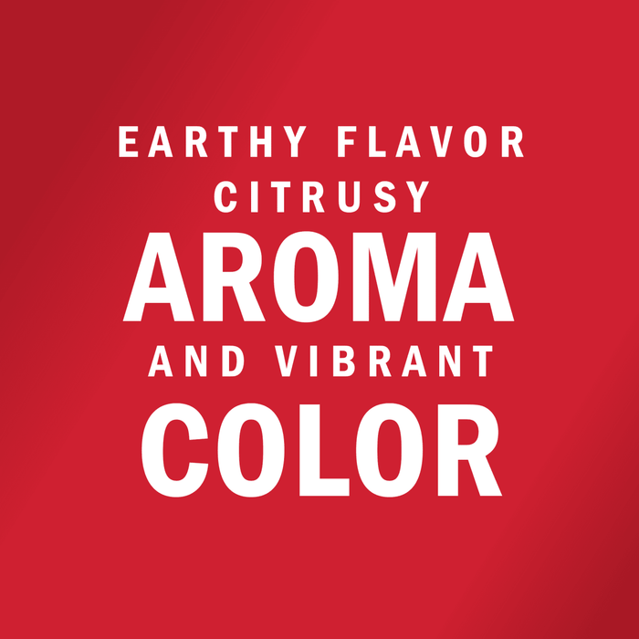 White text on a red background reads Earthy Flavor Citrusy Aroma and Vibrant Color.