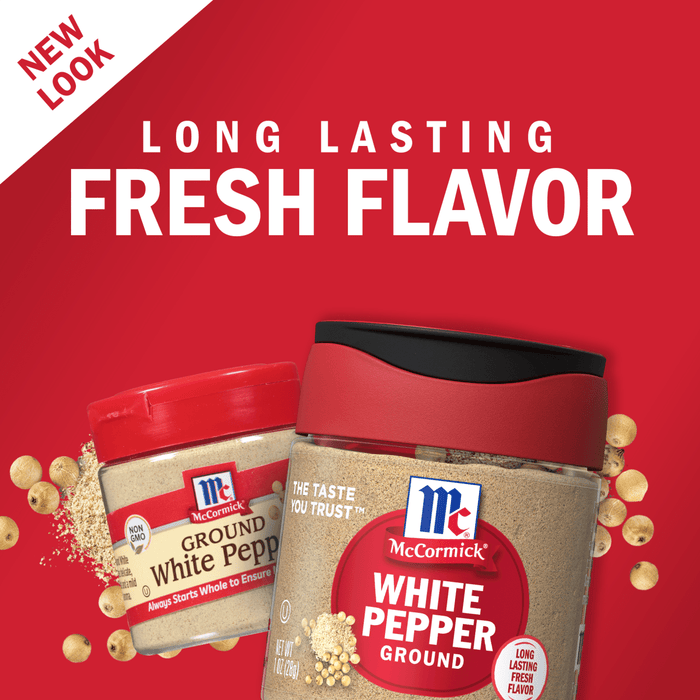 Two McCormick jars of ground white pepper, one with a red lid and the other with a black lid, are shown against a red background with white peppercorns scattered around them.