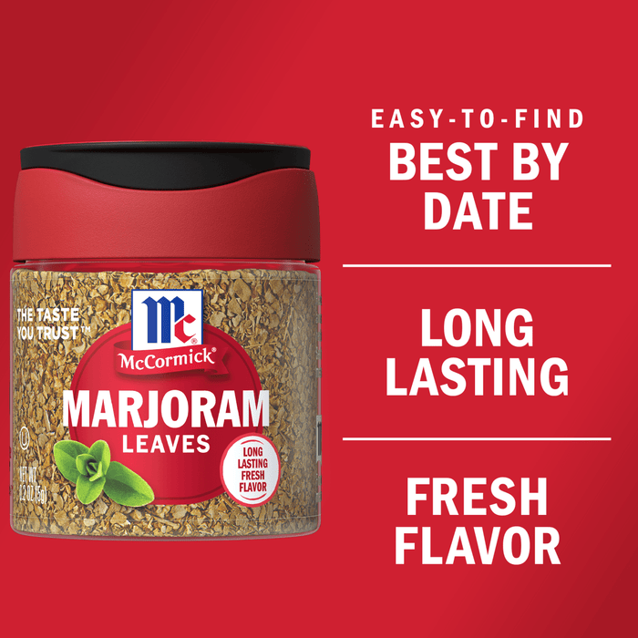 A jar of McCormick Marjoram Leaves with a red background and text that says Easy-to-find, Best By Date, Long Lasting, Fresh Flavor.