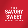 A white logo on a red background that says Adds Savory Sweet Herbal Flavor
