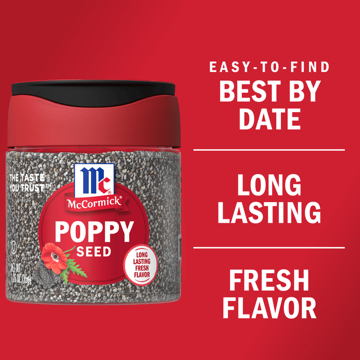 A container of McCormick Poppy Seed with a red poppy flower on the label.