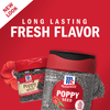 Two containers of McCormick Poppy Seed, one with a red lid and one with a black lid, are shown against a red background with the text Long Lasting Fresh Flavor above them.