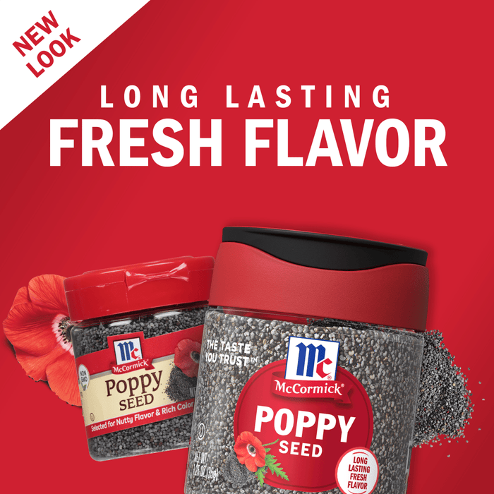 Two containers of McCormick Poppy Seed, one with a red lid and one with a black lid, are shown against a red background with the text Long Lasting Fresh Flavor above them.