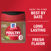 A McCormick Poultry Seasoning jar with a red lid and a red background.