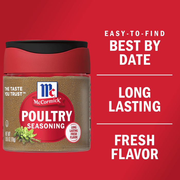 A McCormick Poultry Seasoning jar with a red lid and a red background.