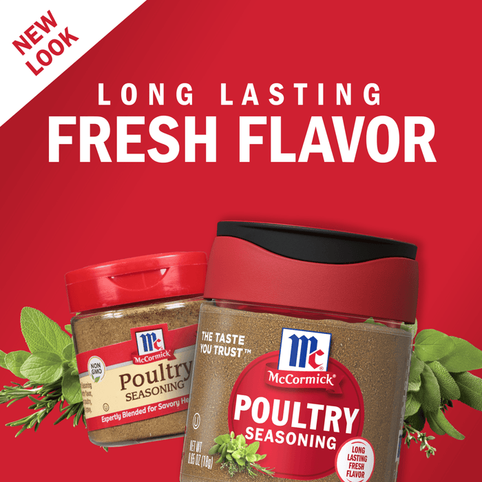 Two McCormick Poultry Seasoning jars with fresh herbs on a red background.