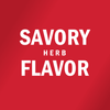 A white logo on a red background that says Savory Herb Flavor