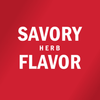 A white logo on a red background that says Savory Herb Flavor