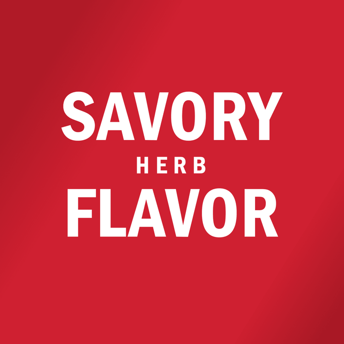 A white logo on a red background that says Savory Herb Flavor