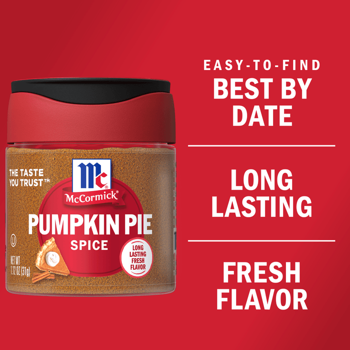 A jar of McCormick Pumpkin Pie Spice with a red lid and a pumpkin pie illustration on the label.
