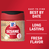 A container of McCormick Sesame Seeds with a red background and text that says Easy-to-find Best By Date, Long Lasting Fresh Flavor.