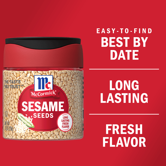 A container of McCormick Sesame Seeds with a red background and text that says Easy-to-find Best By Date, Long Lasting Fresh Flavor.