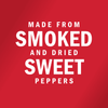 White text on a red background reads Made from Smoked and Dried Sweet Peppers.