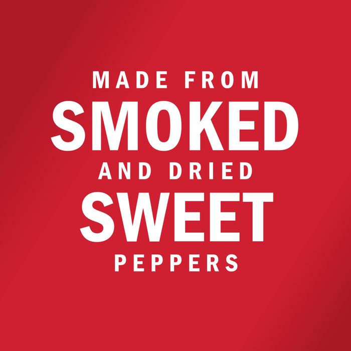 White text on a red background reads Made from Smoked and Dried Sweet Peppers.