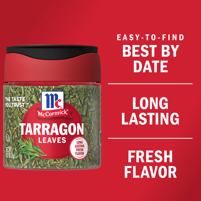 A jar of McCormick Tarragon Leaves with a red background and text that says Easy-to-find, Best By Date, Long Lasting, Fresh Flavor.
