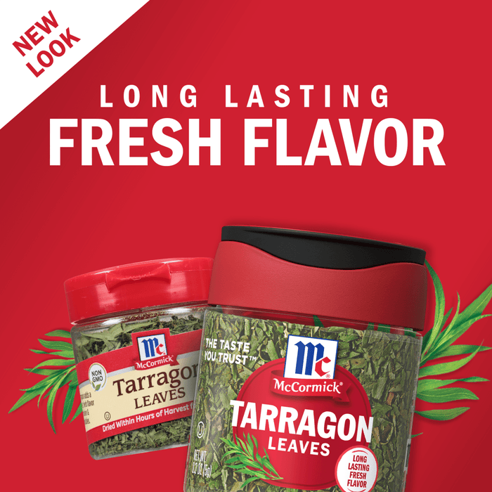 Two jars of McCormick Tarragon Leaves, one with a red lid and one with a black lid, are shown on a red background with green tarragon leaves.