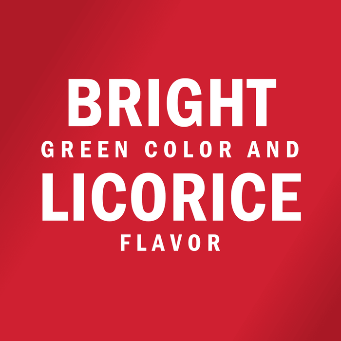 White text on a red background reads BRIGHT GREEN COLOR AND LICORICE FLAVOR