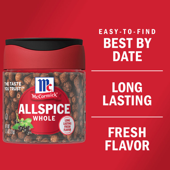 A jar of McCormick Allspice Whole, with a red lid and a clear jar filled with whole allspice berries.