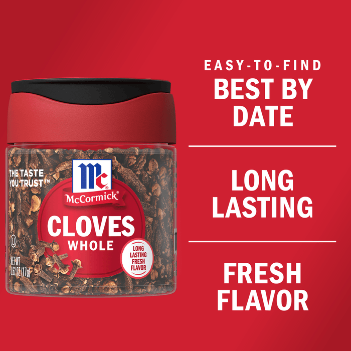 A jar of McCormick Whole Cloves with a red background and text that says Easy-to-find Best By Date, Long Lasting Fresh Flavor.