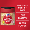 A jar of McCormick Yellow Mustard Seed with a red background and text that says Easy-to-find, Best By Date, Long Lasting, Fresh Flavor.