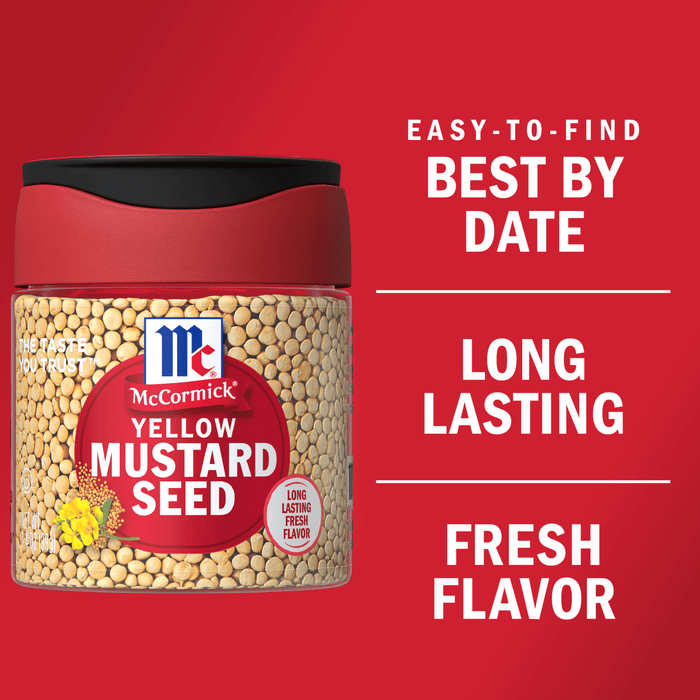 A jar of McCormick Yellow Mustard Seed with a red background and text that says Easy-to-find, Best By Date, Long Lasting, Fresh Flavor.