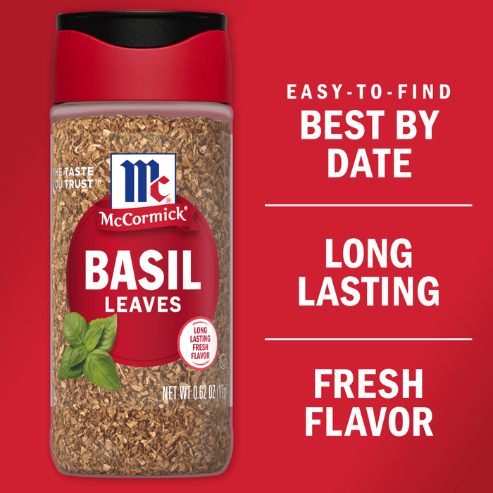 A container of McCormick Basil Leaves with a red background and text that says Easy-to-find Best By Date, Long Lasting Fresh Flavor.