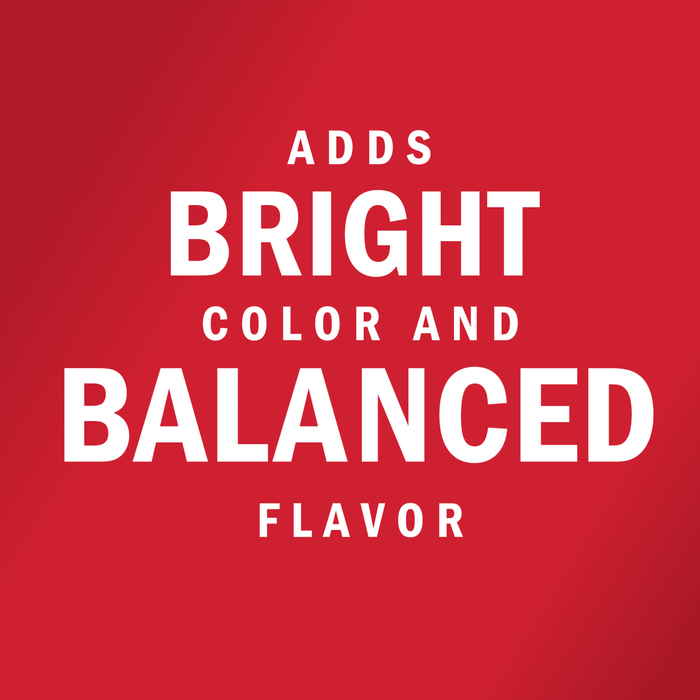 White text on a red background reads Adds bright color and balanced flavor.