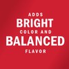 White text on a red background reads Adds bright color and balanced flavor.